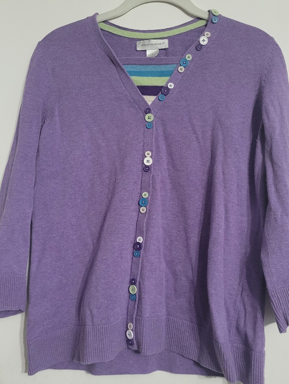 Christopher & Banks Purple Cotton Knit faux button front V-Neck Sweater Size S